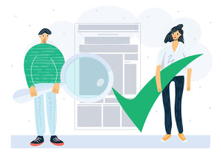 Man with magnifying glass checks the data on the news site, Internet. Reliable information. Fact-checking concept. Flat vector illustration in cartoon style, Isolated on white background