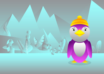 Cartoon penguin on snow-covered plain. Bird on the glacier. Vector illustration.