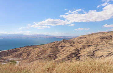 Panoramic  view from the ruins of the Greek - Roman city Hippus - Susita located on the hill on the Golan Heights in northern Israel on the Sea of Galilee