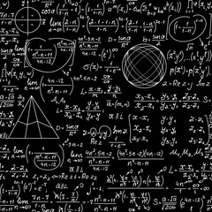 Math educational vector seamless background with handwritten formulas, figures, calculations, "chalk on blackboard" effect