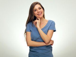 Young woman wearing blue t-shirt.