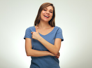 Obraz premium smiling woman doing thumb up. isolated female portrai