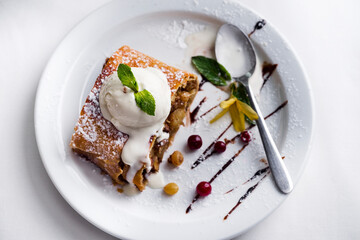Apple strudel with ice cream
