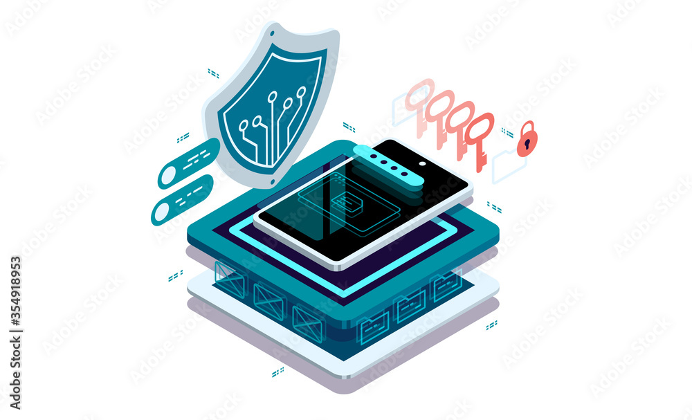 Poster data protection on a smartphone. protected saved passwords for data access. data visualization conce
