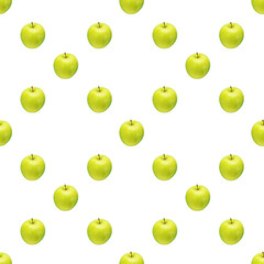 Pattern of green apples on a white background. Isolated fruits. Image for fabric, wallpaper and wrapping paper.