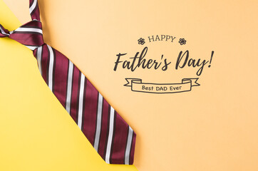 Happy Father's Day inscription with plaid tie on pastel yellow background with text.