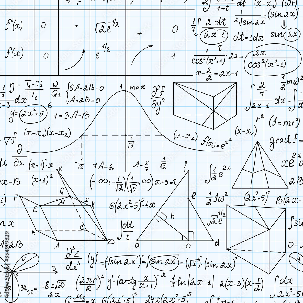 Wall mural math vector seamless endless texture with formulas, figures and equations, handwritten with pen on s