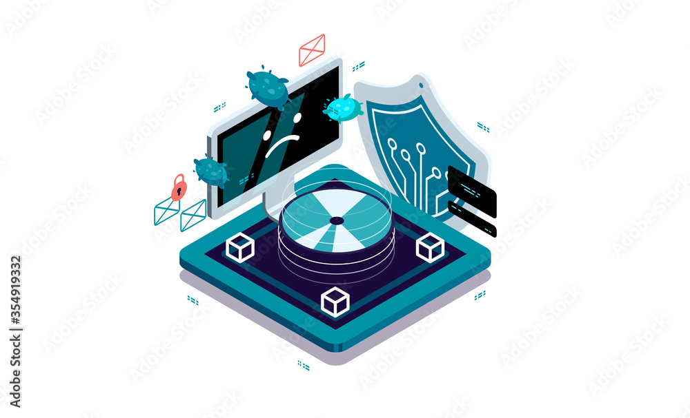 Poster data protection, data recovery from disk. memory recovery tools. data visualization concept. 3d isom