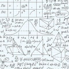 Math vector seamless endless texture with formulas, figures and equations, handwritten with pen on school grid copybook paper