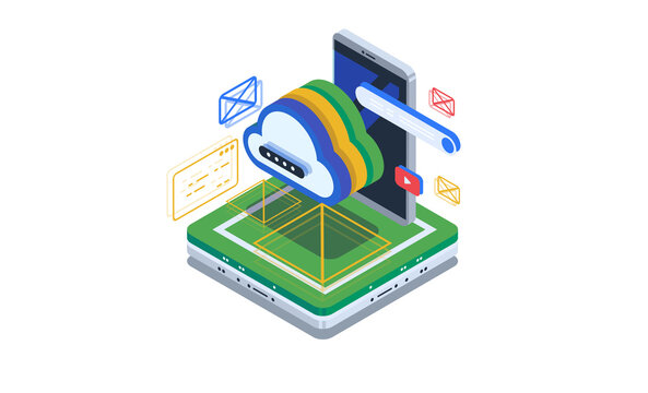 Cloud storage, access to the cloud through the smartphone application. Data visualization concept. 3d isometric vector illustration.