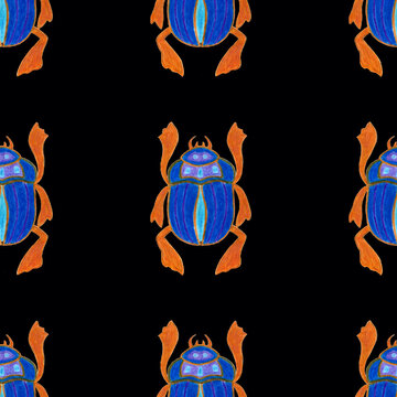 Blue scarab isolated on black background. Dark Seamless pattern with Bug insect, Beetles. Design for wrapping paper, cover, greeting card, wallpaper, fabric