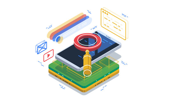 Safe search through a browser in a smartphone. Search system. Data visualization concept. 3d isometric vector illustration.
