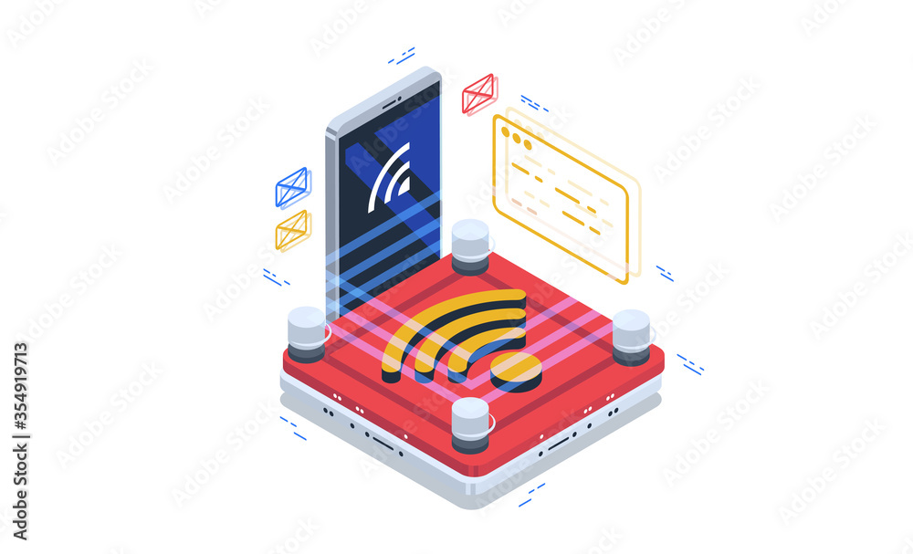 Poster secure access to wi-fi networks. connect to public networks. data visualization concept. 3d isometri