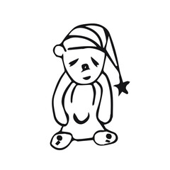 Vector drawing of a cute bear in a striped nightcap with a Doodle style. Isolated on a white background.