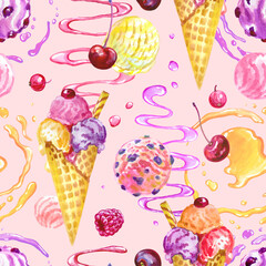 Seamless pattern of ice cream, syrup and berries on a pink background, watercolor illustration, print for fabric and other designs.