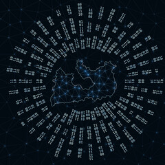 Milos digital map. Binary rays radiating around glowing island. Internet connections and data exchange design. Vector illutration.