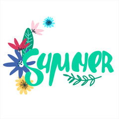 Summer seasonal background. Hand lettering with minimalistic floral decoration. Handwritten text decorated with field flowers