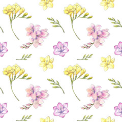 Freesia pink and yellow flowers watercolor botanical seamless pattern. Spring, summer delicate floral background for wallpaper, gift wrapping paper, textile, wedding, fashion design. 