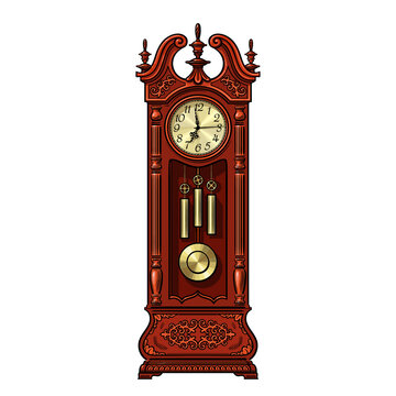 Antique grandfather pendulum clock. Vector illustration isolated on white background.