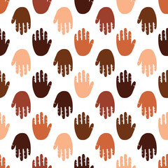Fototapeta premium Seamless pattern of a people s hands with different skin color together. Symbol of race equality, diversity, tolerance. Human palm with different skin color tolerance and anti racism concept. Vector