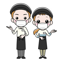 マスクをして案内するカフェ店員