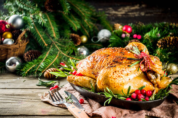 Roasted whole chicken with Christmas decoration