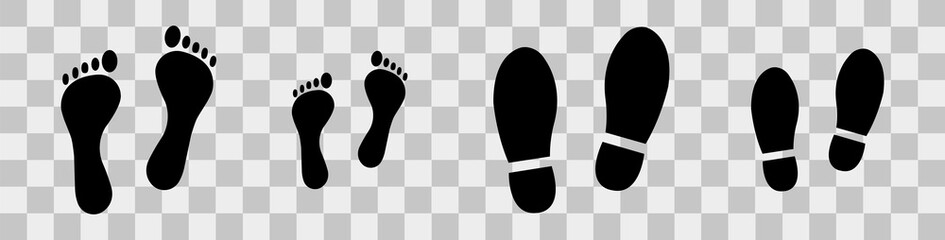 Different human footprints. Baby footprint - stock vector. Shoes for children and adults, adults and children's steps.