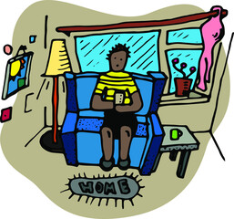 African American male guy sitting on a sofa at home. Vector cartoon illustration, interior.