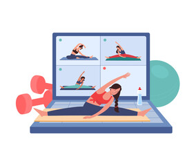 During quarantine, people play sports at home. The girl stretching on the mat, via video conference on a laptop. Workouts online, fitness using gadgets, vector. The woman does gymnastics, training