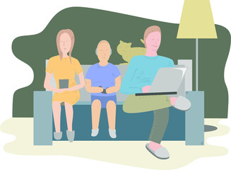 Vector illustration in trendy flat style. The family, father, son and mom are sitting on the couch, watching phones in gadgets. 