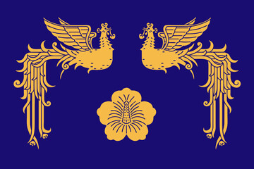 'Bonghwang' and 'Mugunghwa', Vector illustration. 'Bonghwang' means phoenix in Korean. 'Mugunghwa' means rose of sharon in Korean. These birds and flowers symbolize the Blue House in Korea.