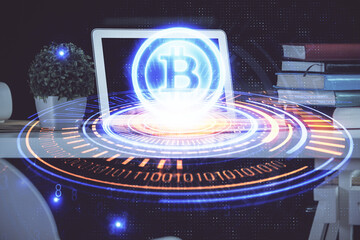 Multi exposure of blockchain and crypto economy theme hologram and table with computer background....