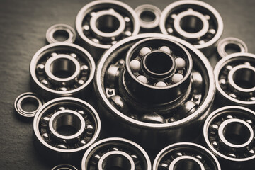 Set of various ball bearings. Technology and machinery industrial background.