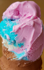 Close up of chocolate and bubblegum ice cream.