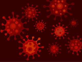 Corona viruses under microscope floating on dark red background. Vector illustration.