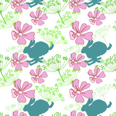 Fototapeta premium hand-drawn delicate floral seamless background, abstract plants and jumping hares on a white background