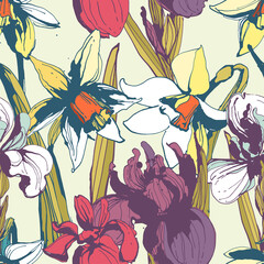 Floral flower narcissus iris seamless hand drawn pattern.Colore