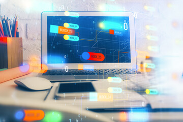 Double exposure of desktop with personal computer on background and tech theme drawing. Concept of Bigdata.