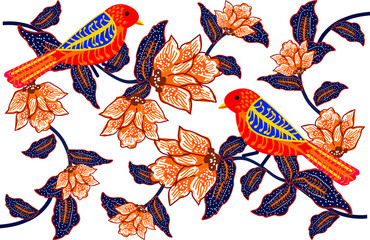 Indonesian batik motif with a very distinctive flora and fauna pattern, Vector
