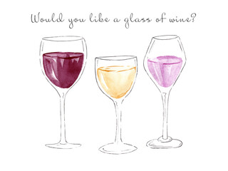 Watercolor set of  glasses of wine, red, white, rose isolated on white background for logo, menu, paper
