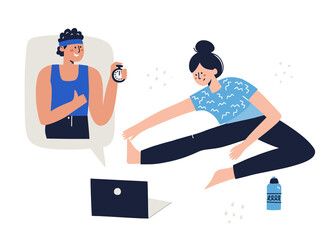 Woman training at home with a coach online on her laptop. Virtual workout concept. HAnd drawn vector illustration for add, banner, social media