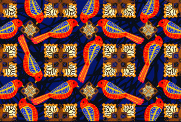 Indonesian batik motif with a very distinctive flora and fauna pattern, Vector
