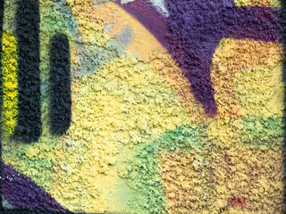 Landscape style. Grungy concrete surface with cracks, scratches traces of different colors paint on...
