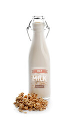 Tasty oat milk on white background