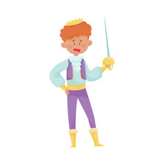 Red Haired Prince with Golden Crown Wearing Dressy Costume Doing Fencing Vector Illustration