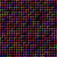 Vector seamless pattern. Colorful grid on black. Background color contour of the set squares.