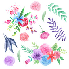 Hand drawn watercolor floral collection. Watercolor flowers, leaves, bouquets