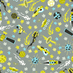 Seamless background with spaceships and stars, Space Pattern