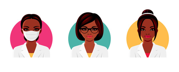 Doctor Afro-American woman character with various hairstyles, glasses and medical face mask. Female avatars set. Vector illustration