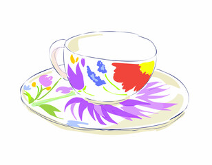 tea cup illustration. cup saucer for tea time.flower cup illustration.